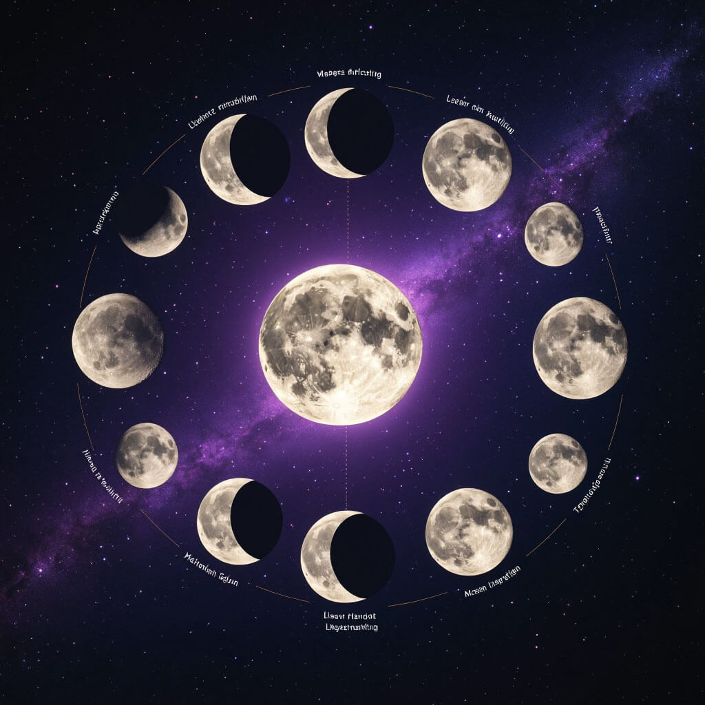 Complete visual representation of the eight primary lunar phases from New Moon to Waning Crescent