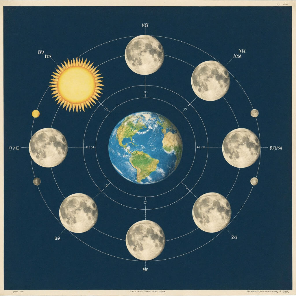 Diagram explaining the astronomical mechanics of lunar phases: positions of Sun, Earth, and Moon